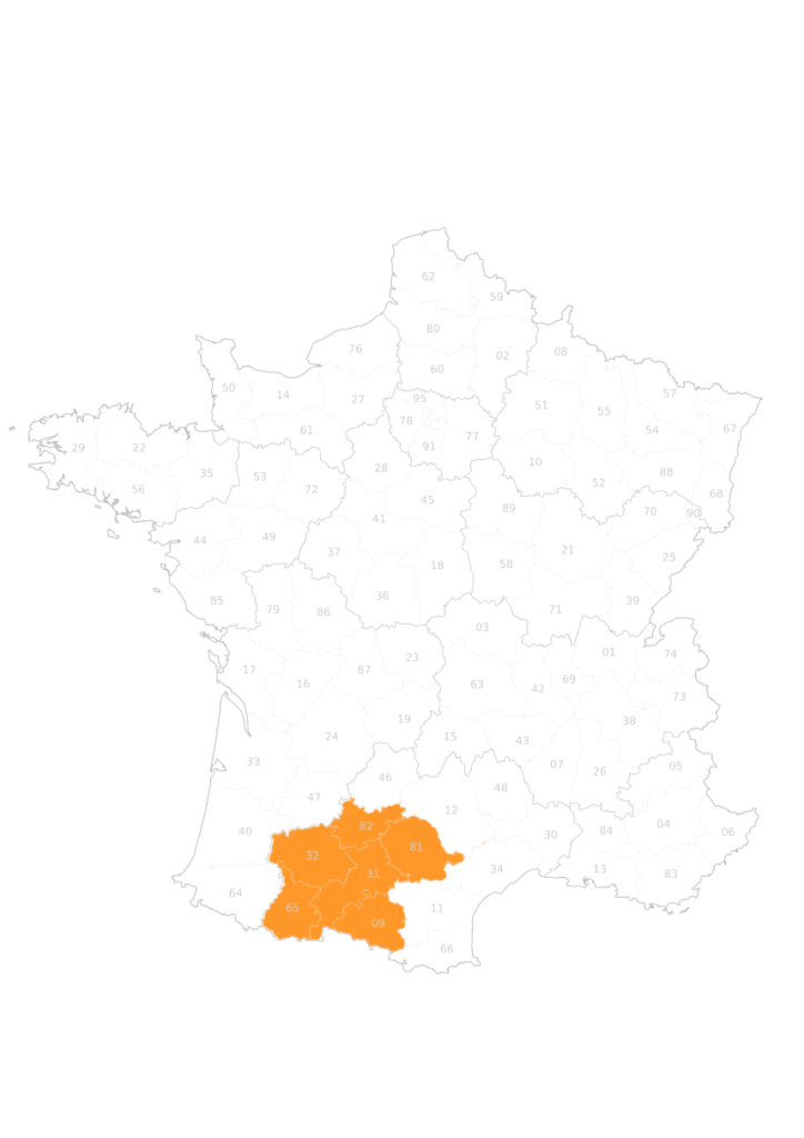 Carte géographique de France avec zone d'intervention de SCIB en orange